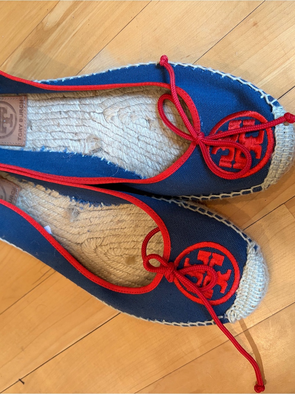 Tory Burch Navy Canvas Espadrille Flats with Red Trim